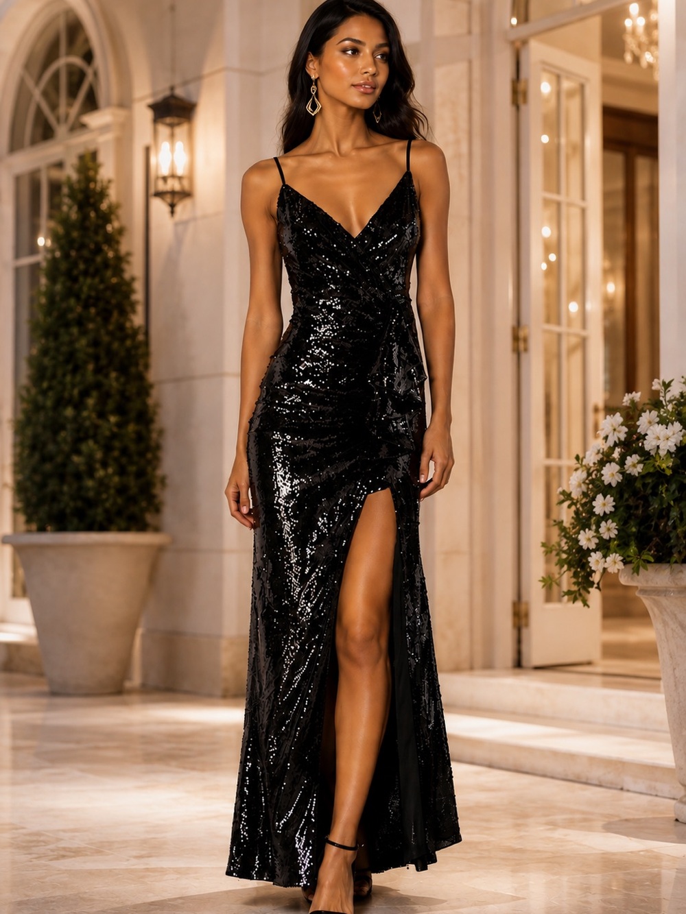 NWT NBD Revolve Black Sequin Ruffle Slit Maxi Gown XXS